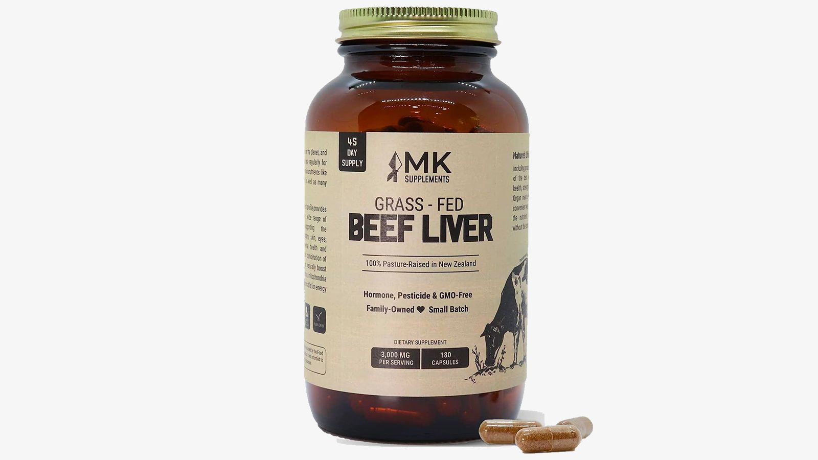 MK Supplements Grass-Fed Beef Liver Capsules product image of a brown container with a gold lid and beige branding.