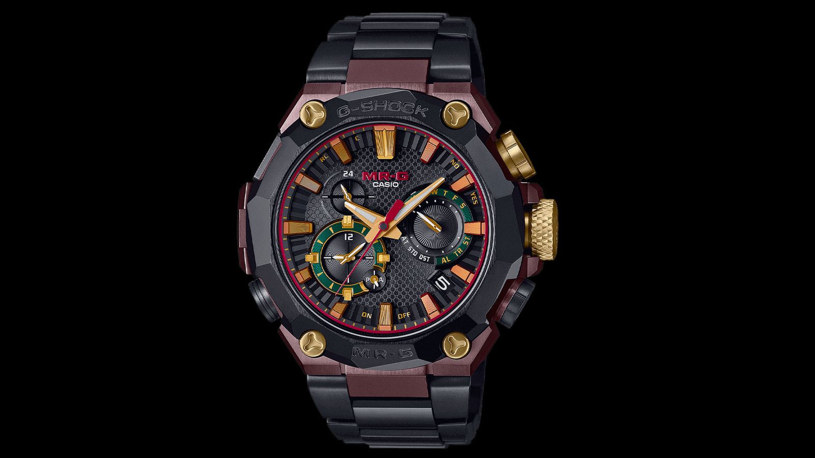G-SHOCK Limited Edition MRG-B2000B-1A4DR product image of a black, burgundy, and gold titanium watch.