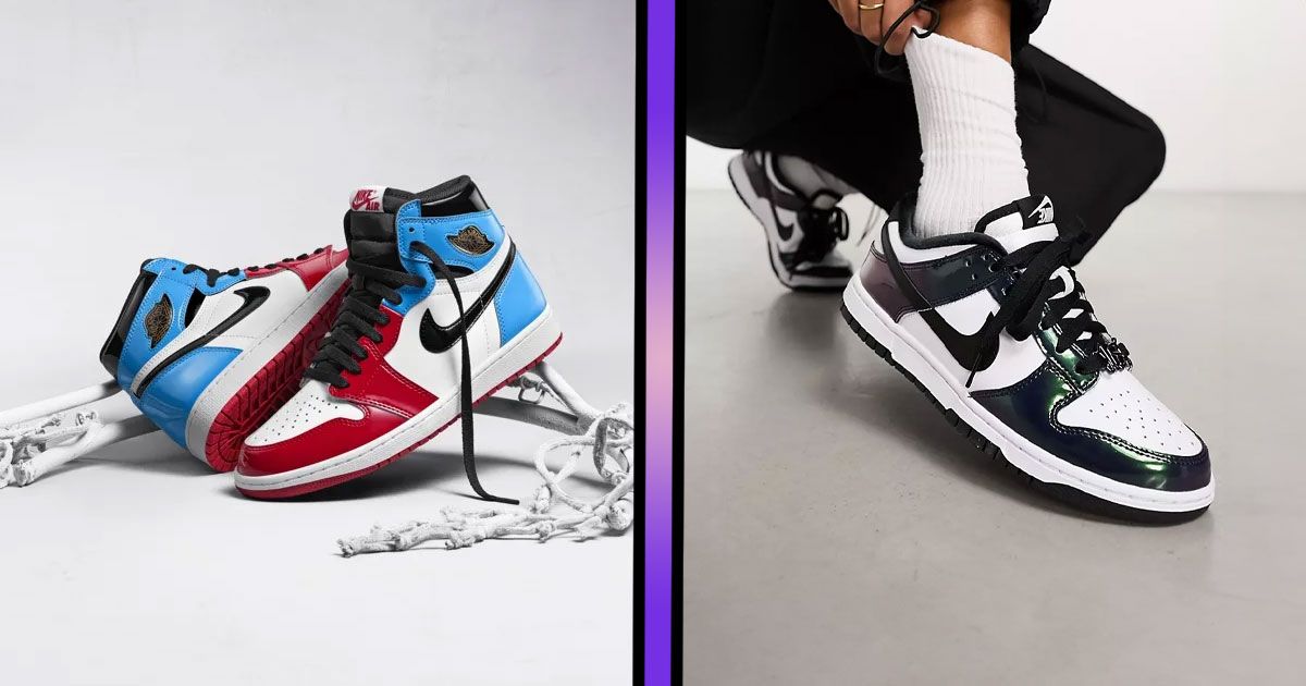 A red, blue, black, and white pair of Jordan 1s propped up on the left. On the right, someone in white socks wearing a white and an iridescent green pair of Nike Dunk Lows.