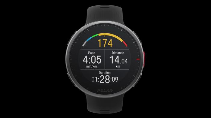 Best running watch Polar product image of a black smartwatch with running metrics on its display.
