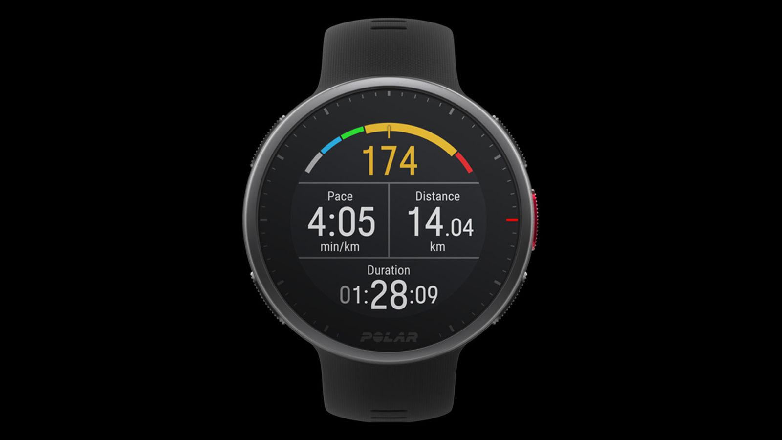 Polar Vantage V2 product image of a black smartwatch with running metrics on its display.