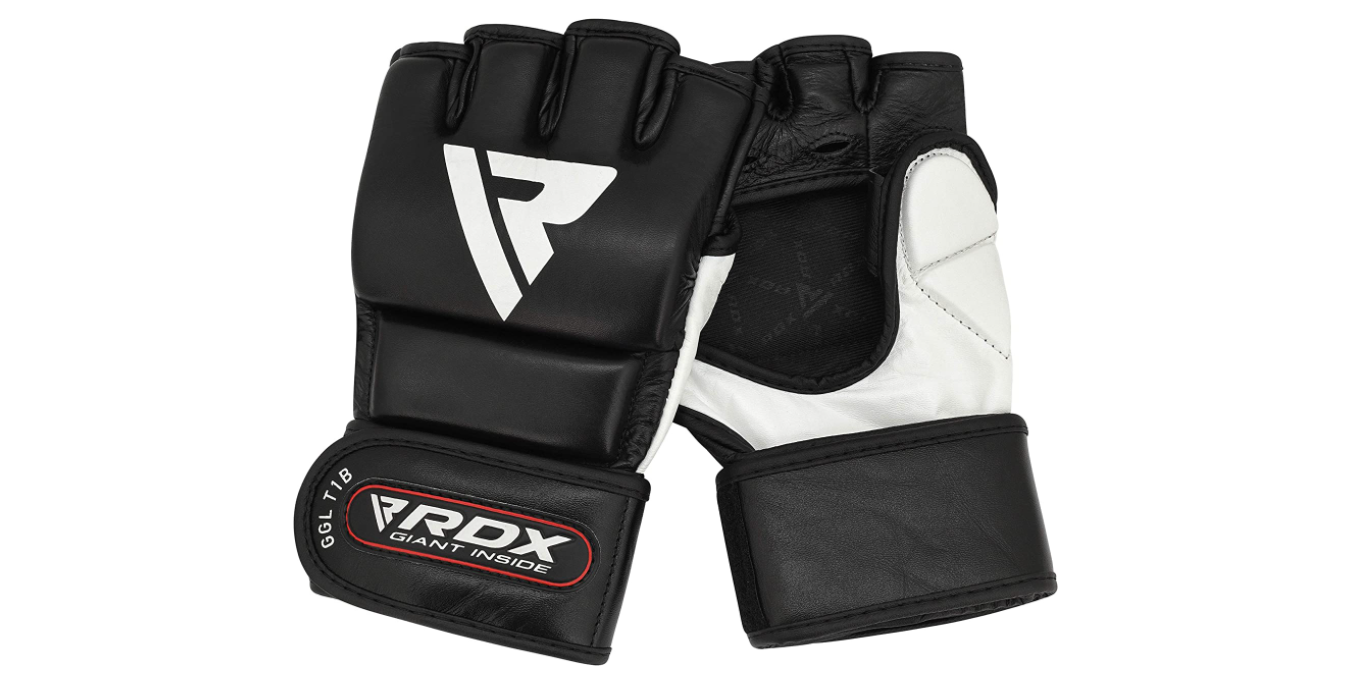 Best MMA gloves RDX product image of a pair of black gloves with a white palm area.