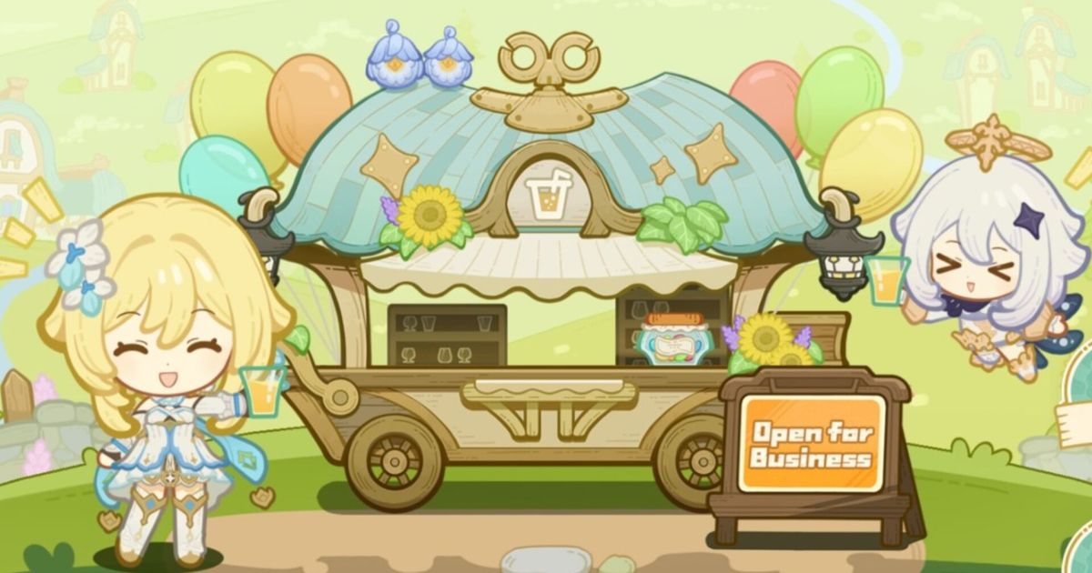 A screen of the Genshin Impact Savoring the Breeze Web Event page, with Traveler and Paimon in front of the drinks shop.