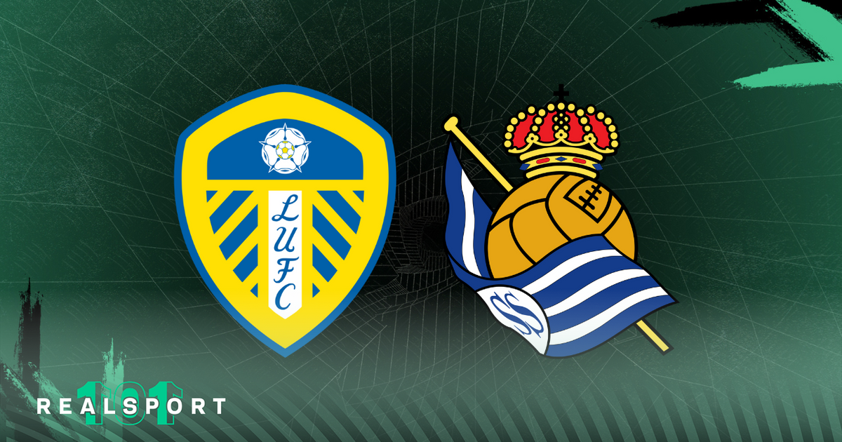 Leeds and Real Sociedad badges with green background