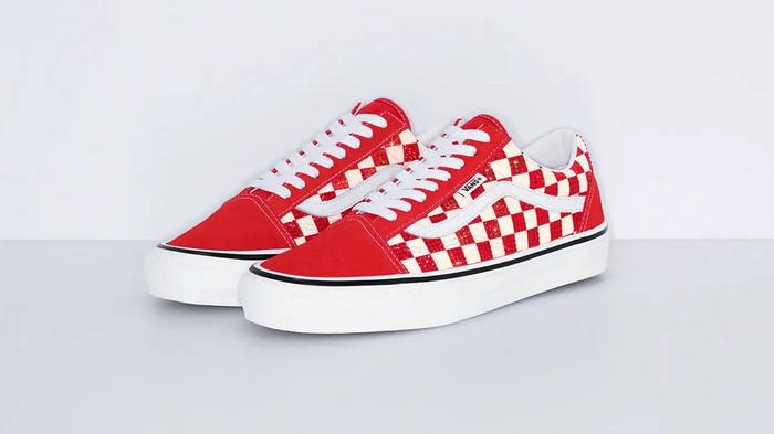 Best Vans collabs - Supreme x Swarovski x Vans Old Skool product image of a white and red chequered sneaker.