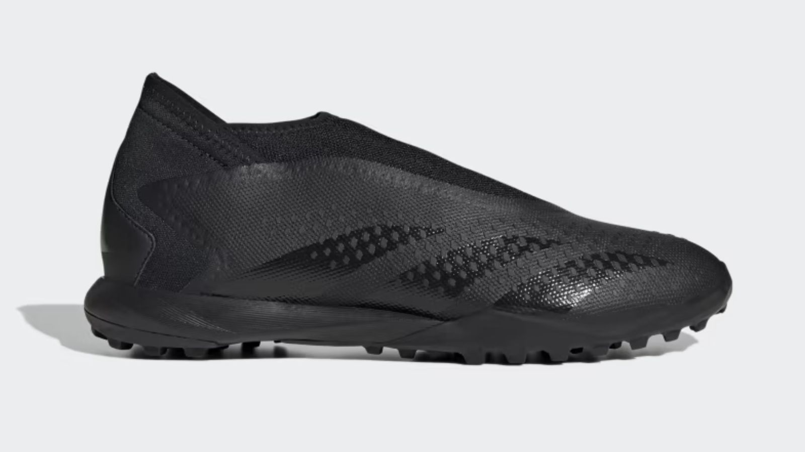 adidas Predator Accuracy.3 Turf product image of an all-black astro turf boot with a knitted collar.