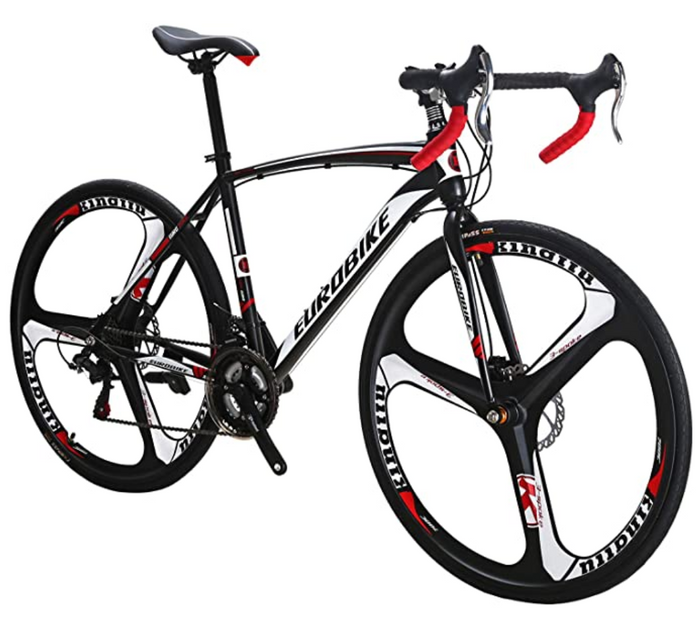 Best road bike Eurobike product image of a black bike with red handles and red and white details