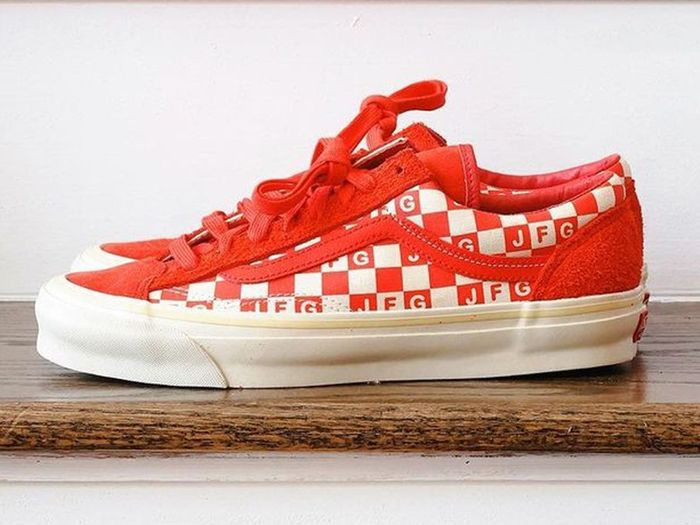 Best Vans shoes Joe Freshgoods x Vans Old Skool Honeymoon Stage product image of a single red and white sneaker with a checkerboard pattern.