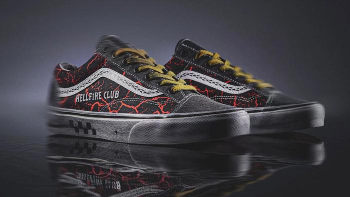 Best Vans collabs - Stranger Things x Vans Style 36 product image of a black sneaker with a cracked red detail all over and Hellfire Club branding.