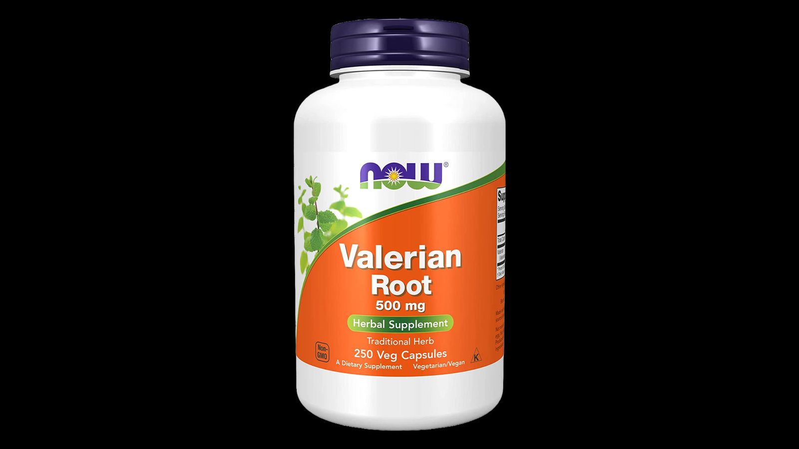 NOW Supplements Valerian Root Capsules product image of a white container with orange and green labelling.