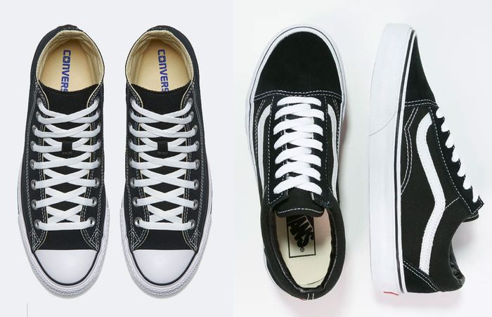 Converse and Vans product image of a pair of black All Star's next to black Old Skool's.