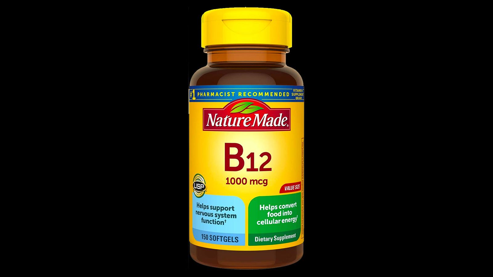 Nature Made Vitamin B12 product image of a brown container with yellow label and lid.