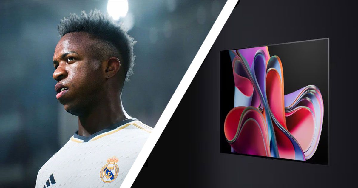 Close-up of Vinícius Júnior wearing his white Real Madrid kit in EA FC 24 on one side of a white line. On the other, a flatscreen TV with a wavy red, pink, and purple pattern on the display.
