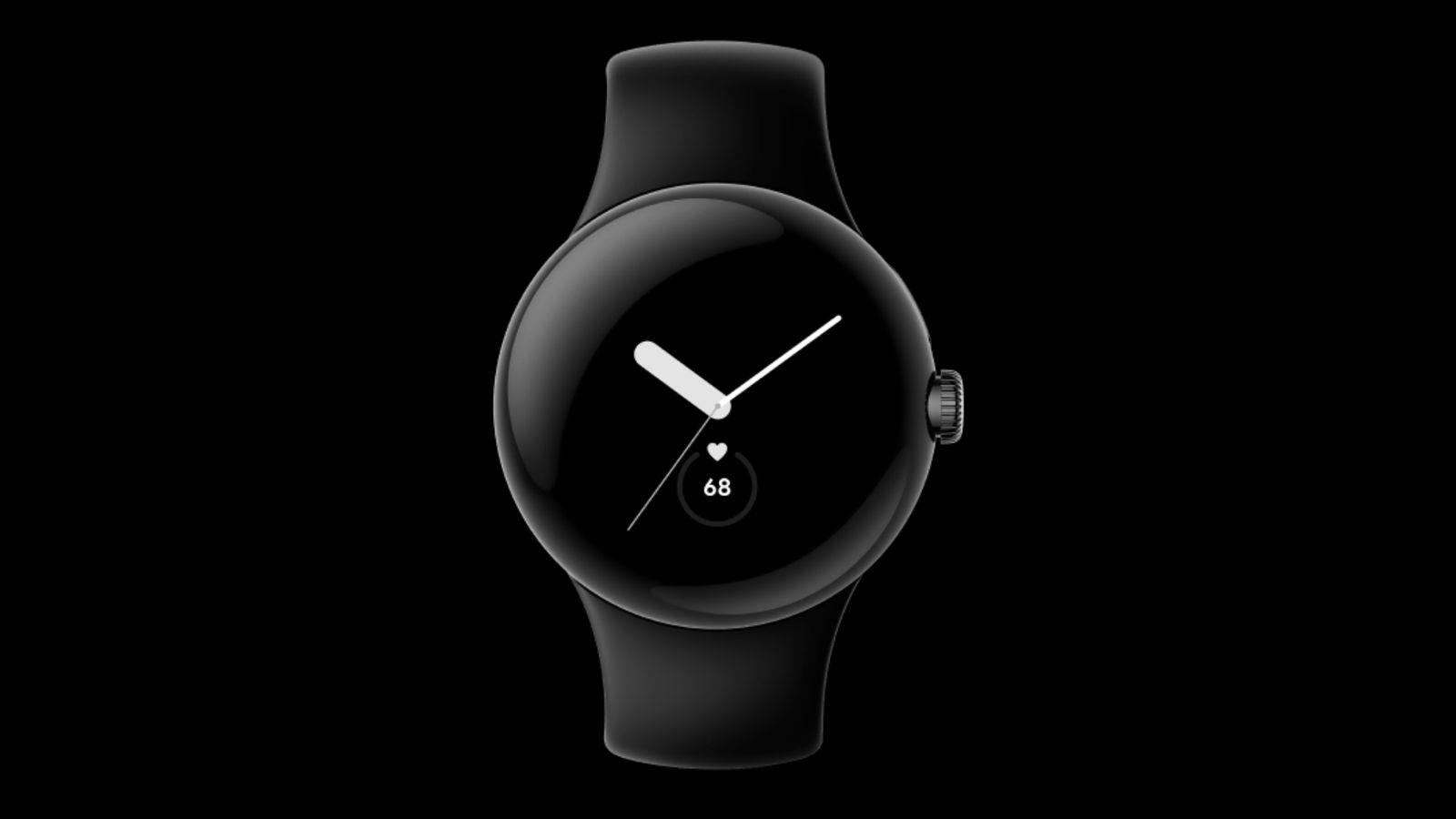 Google Pixel Watch product image of a black, circular smartwatch with analogue watch hands on the display in white along with heart rate.