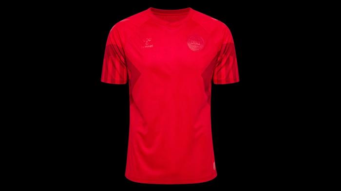 Best World Cup kits - Denmark Hummel home kit product image of a red shirt with darker red accents.