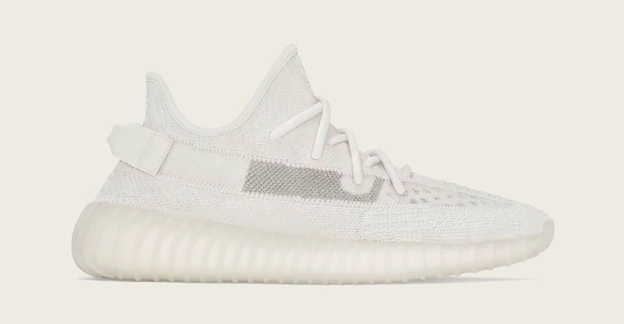 Best Yeezys 350 v2 "Bone" product image of a white knitted sneaker.