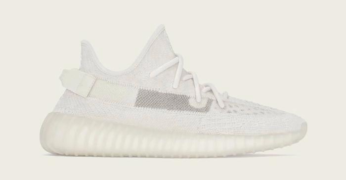adidas Yeezy 350 v2 "Bone" product image of a pair of all-white Primeknit sneakers.