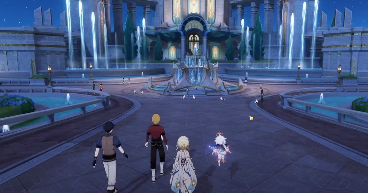 A screenshot of the Traveler and Paimon walking with Lutong and Garcia in Fontaine.