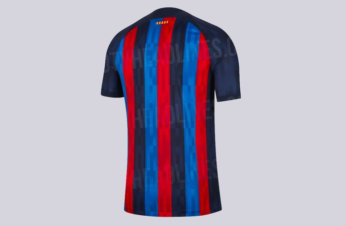 Barcelona home kit 2022/23 render image of a dark blue shirt with red and lighter blue stripes.