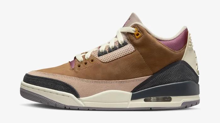Best sneakers for winter Air Jordan 3 product image of an Archaeo Brown suede sneaker with Light Bordeaux accents and light grey overlays.