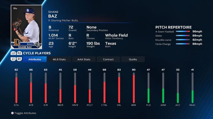 Shane Baz's player card in MLB The Show 23