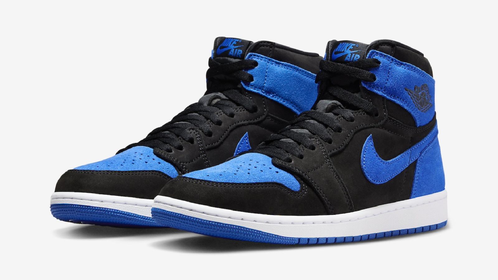 Air Jordan 1 High "Royal Reimagined" product image of a pair of black and blue high-tops with white midsoles.