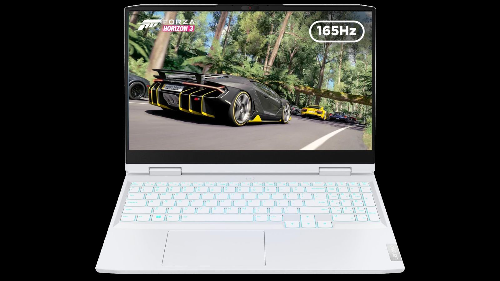 Lenovo IdeaPad Gaming 3 product image of a white laptop with Forza Horizon 5 gameplay on the dispplay.