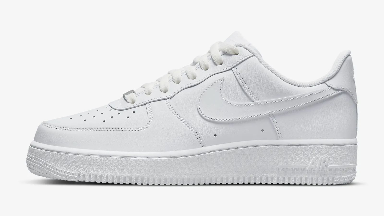 Nike Air Force 1 product image of an all-white low-top sneaker.