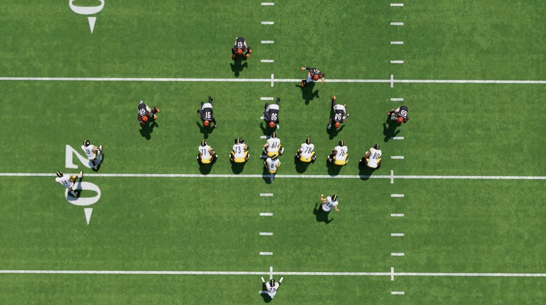 A top down view of the Steelers offense going against the Bengals defense in Madden 24