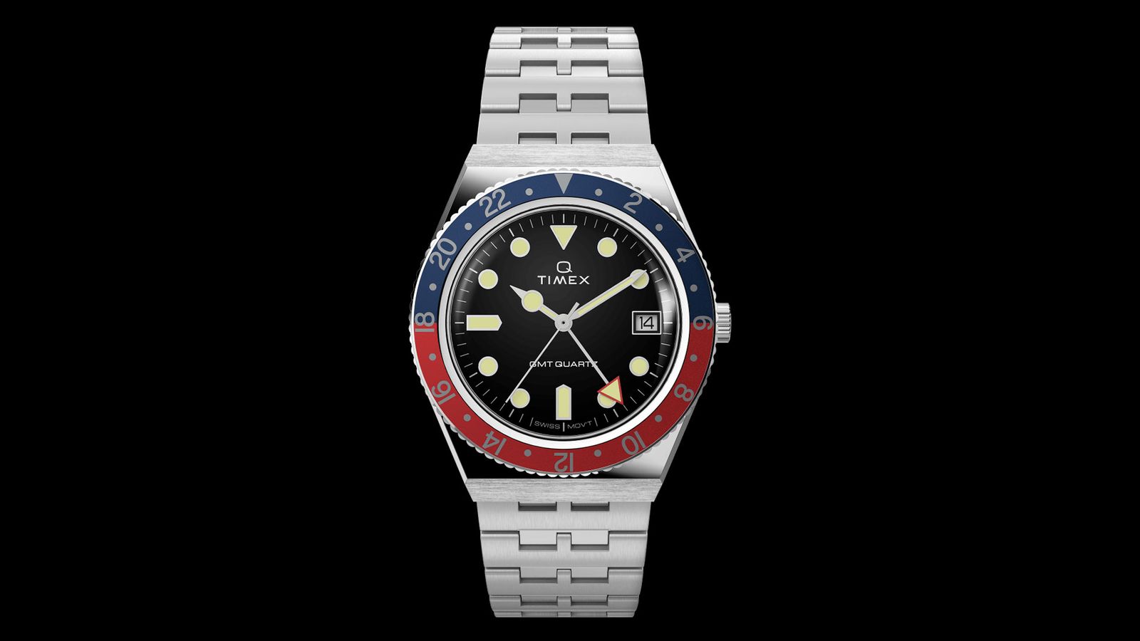 Q Timex GMT product image of a silver watch with a red and blue bezel.