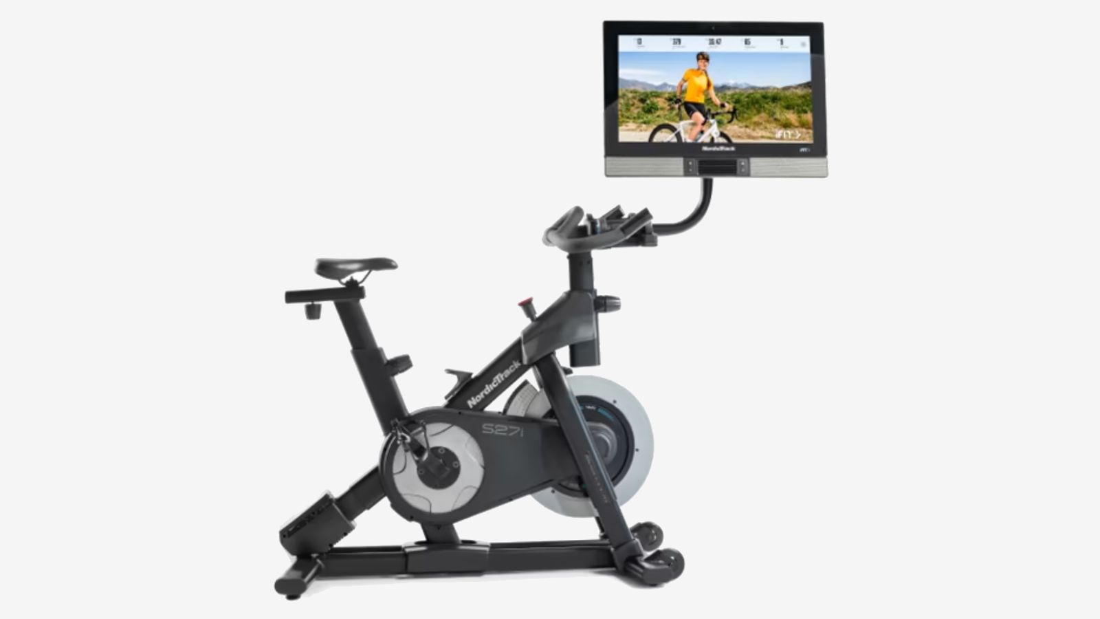 NordicTrack S27i Studio product image of a grey spin bike with a large heads-up screen with an image of someone in a yellow shirt on the display.