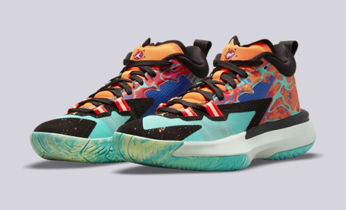 Jordan Zion 1 "Planet Z" product image of a black sneaker with colourful orange and turquoise details.
