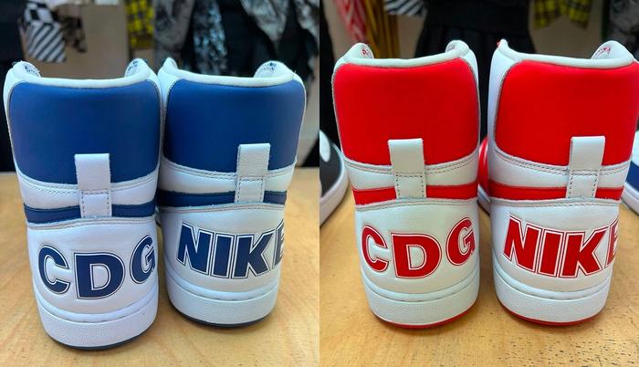 COMME des GARÇONS Homme Plus x Nike Terminator product image of the blue and red high-tops from behind.