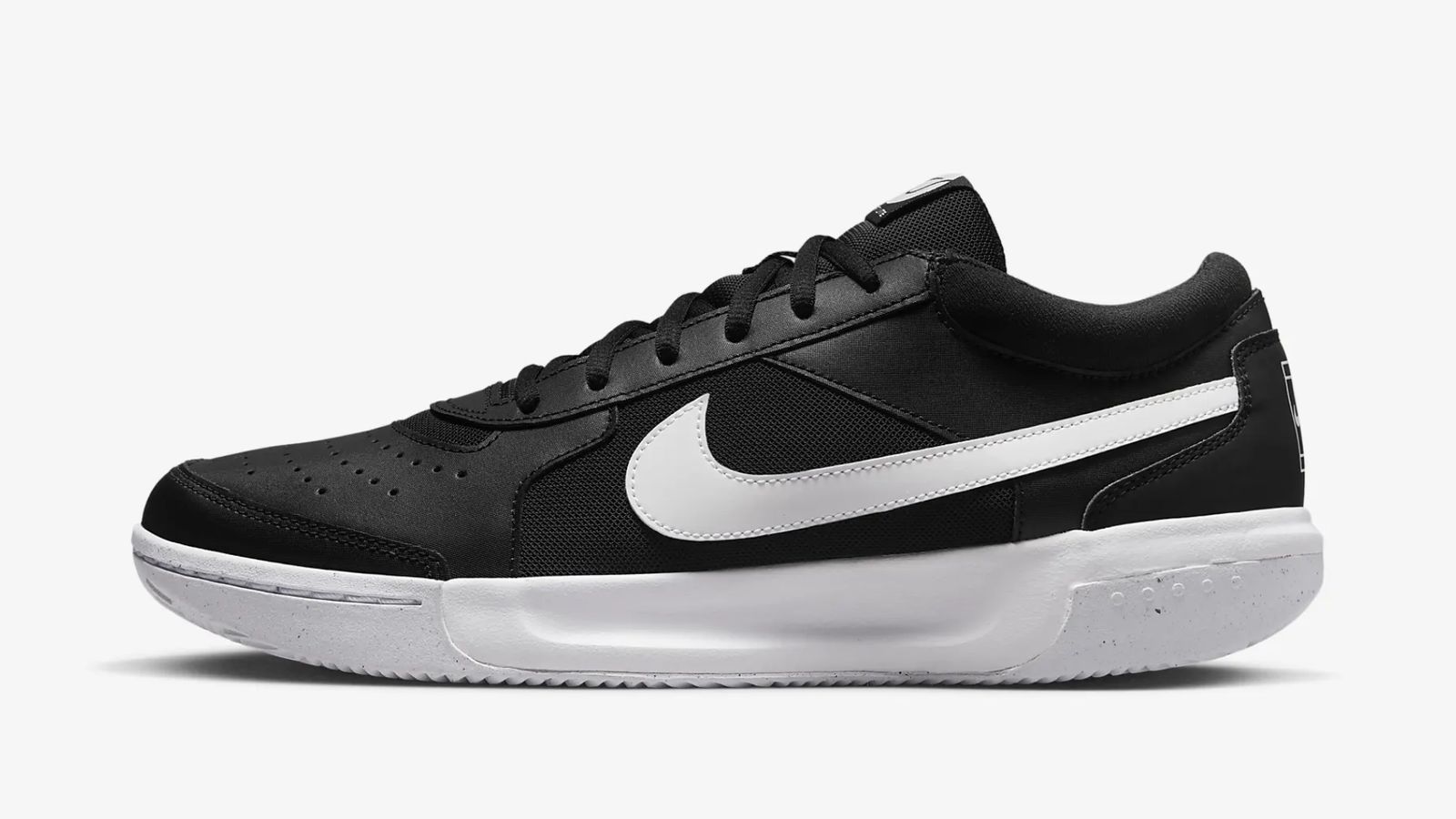 NikeCourt Zoom Lite 3 product image of a black tennis shoe featuring a white Swoosh down the side and white sole unit.