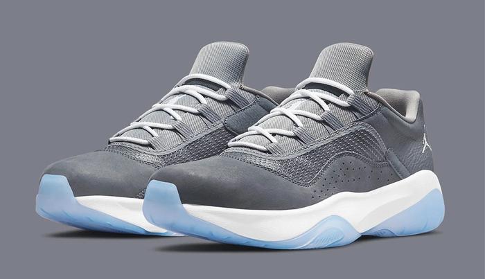 Best Air Jordan 11 colorways "Cool Grey" CMFT product image of a pair of grey low-tops with icy blue outsoles.