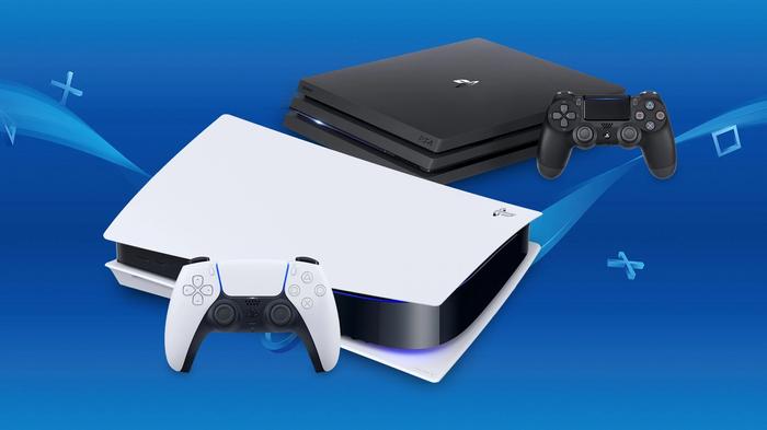 A promotional image showing both the Sony PS4 and PS5 consoles where you can play Fortnite