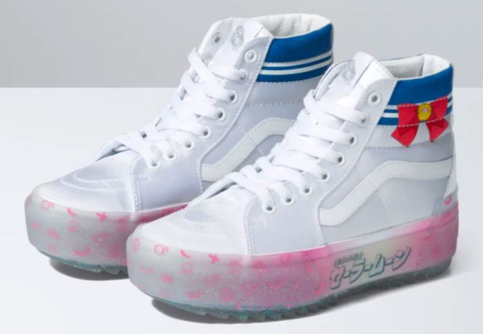 Best Vans shoes Sk8-Hi Stacked product image of a pair of Pretty Guardian Sailor Moon-themed white sneakers.