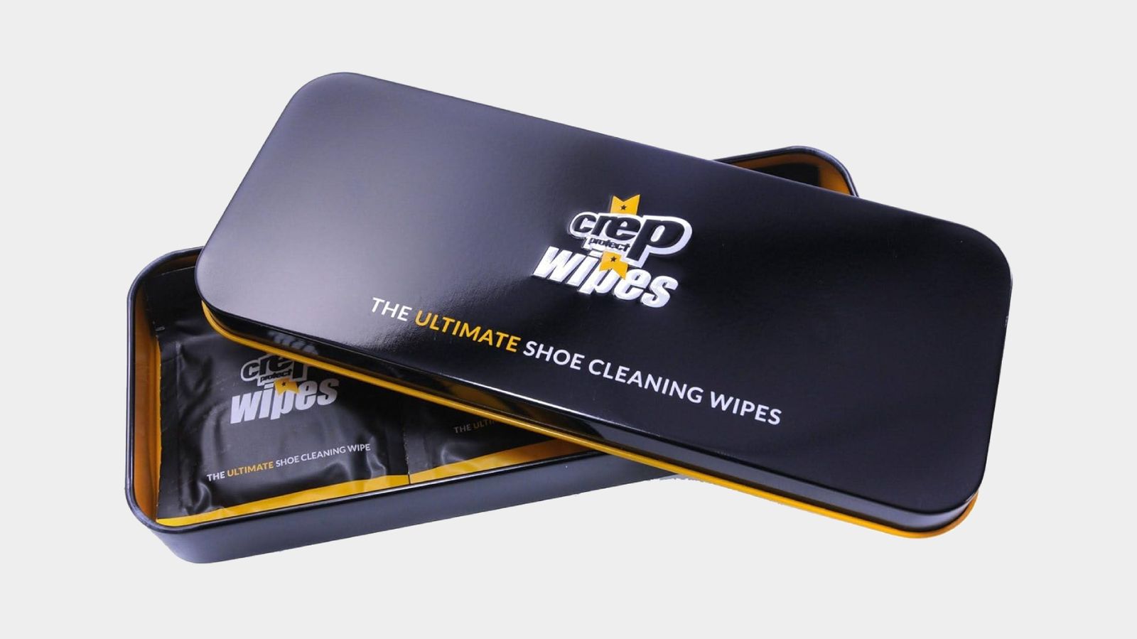 Crep Protect Shoe Cleaning Wipes product image of a black box with yellow trim of cleaning wipe packets.