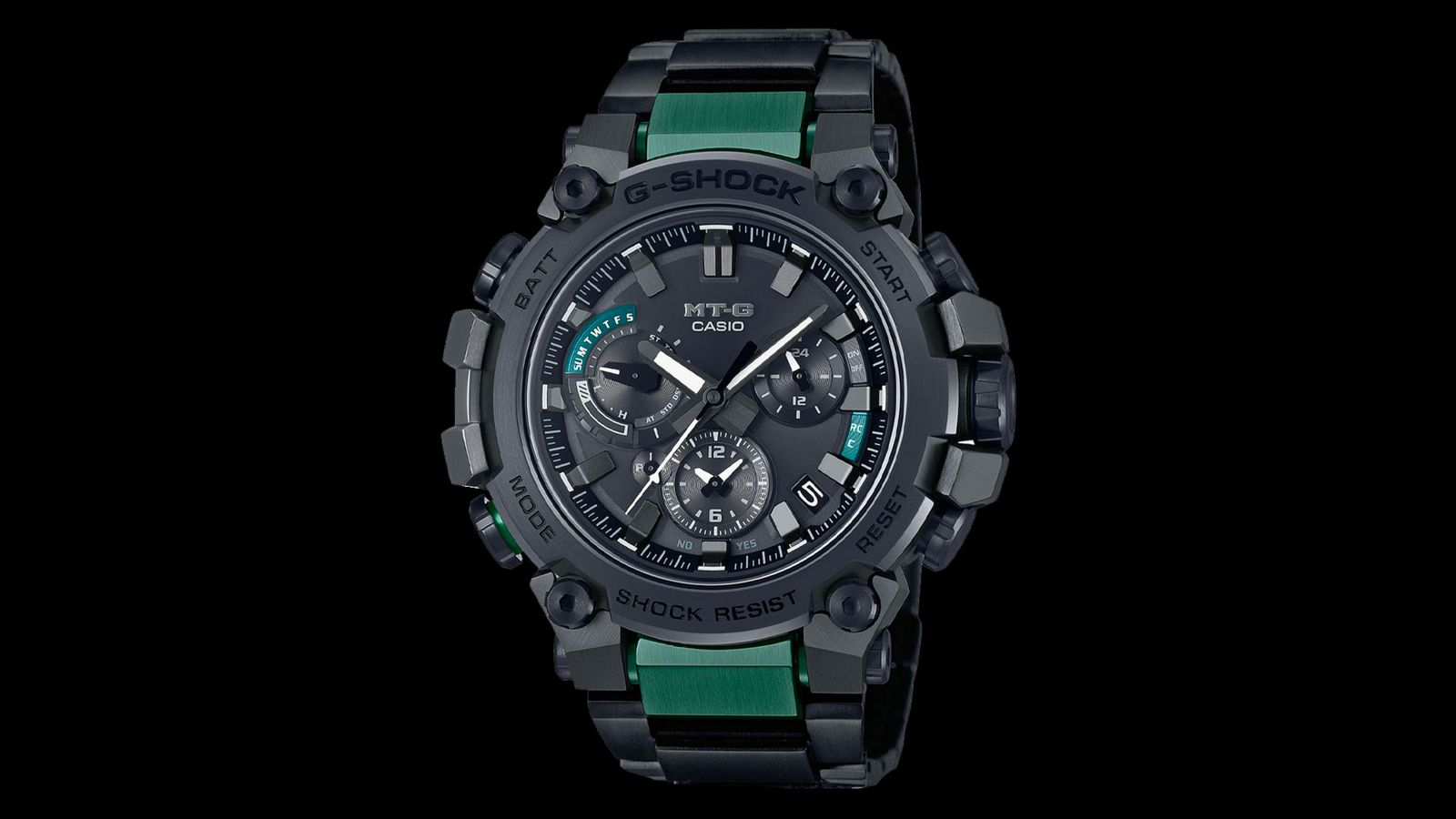 G-SHOCK MTG-B3000BD-1A2ER product image of a black and green resin and stainless steel watch.