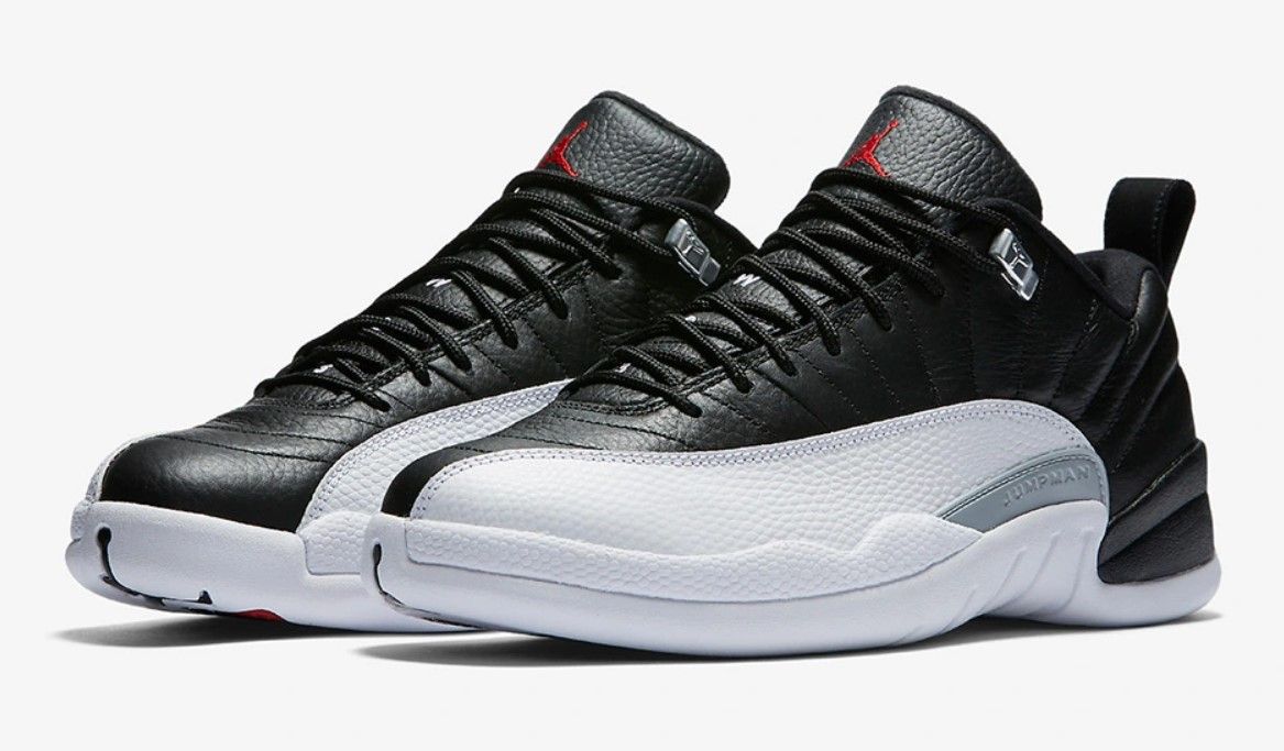 Air Jordan 12 Retro Low "Playoffs" product image of a black and white sneaker with silver and grey accents.