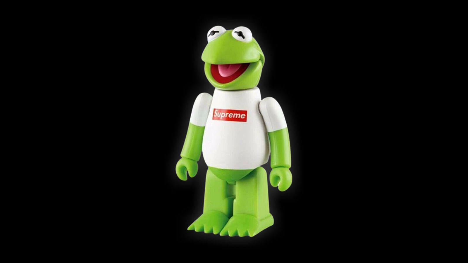 Supreme x Medicom Toy Kermit the Frog Kubrick product image of a Kermit toy wearing a white box logo tee.