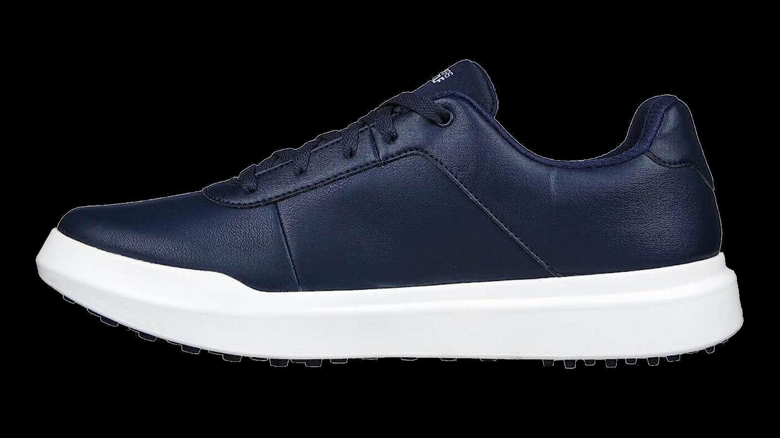 Skechers GO GOLF Drive 5 product image of a navy leather and synthetic golf shoe with a white midsole unit.
