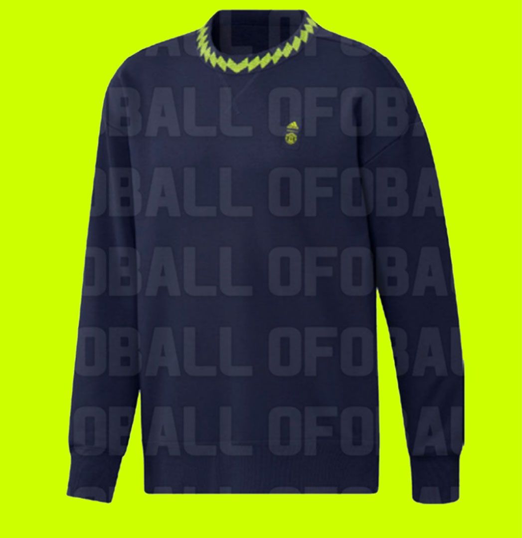 Manchester United third kit 2022/23 collection image of a navy jumper with a neon yellow chevron pattern around the collar.