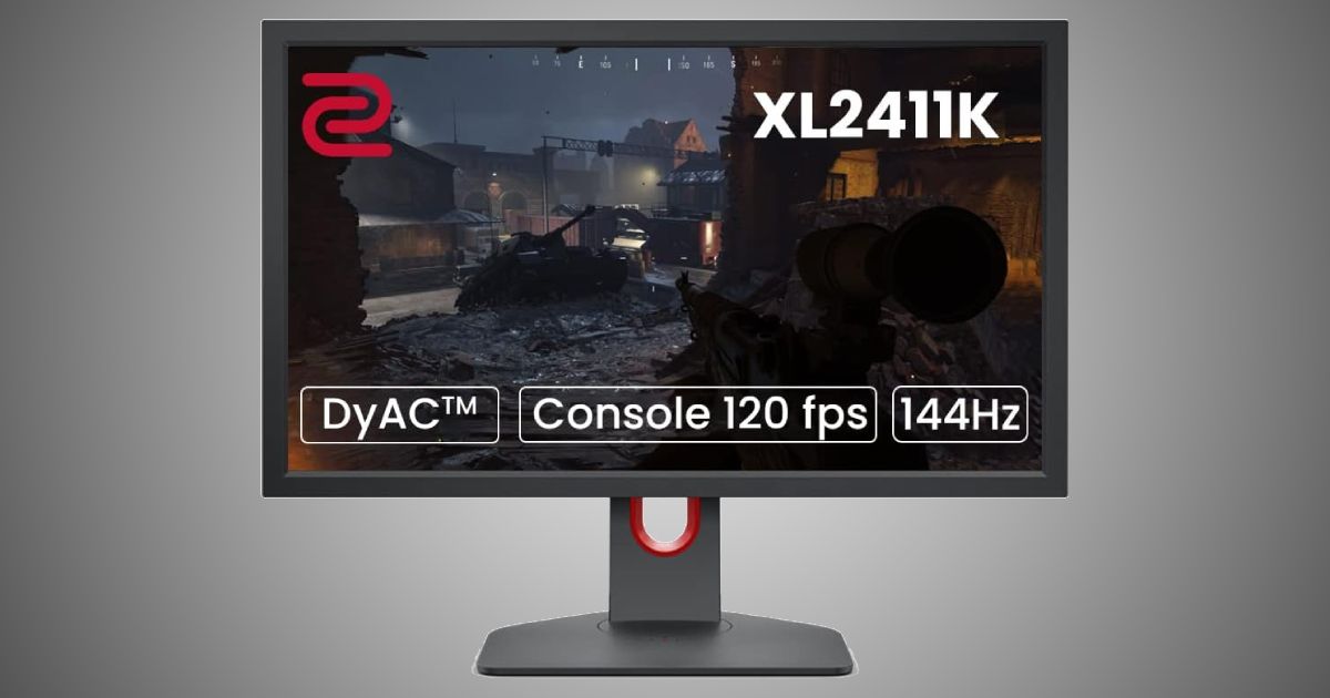 BenQ ZOWIE XL2411K product image of a black monitor with red trim, featuring FPS gameplay on the display.