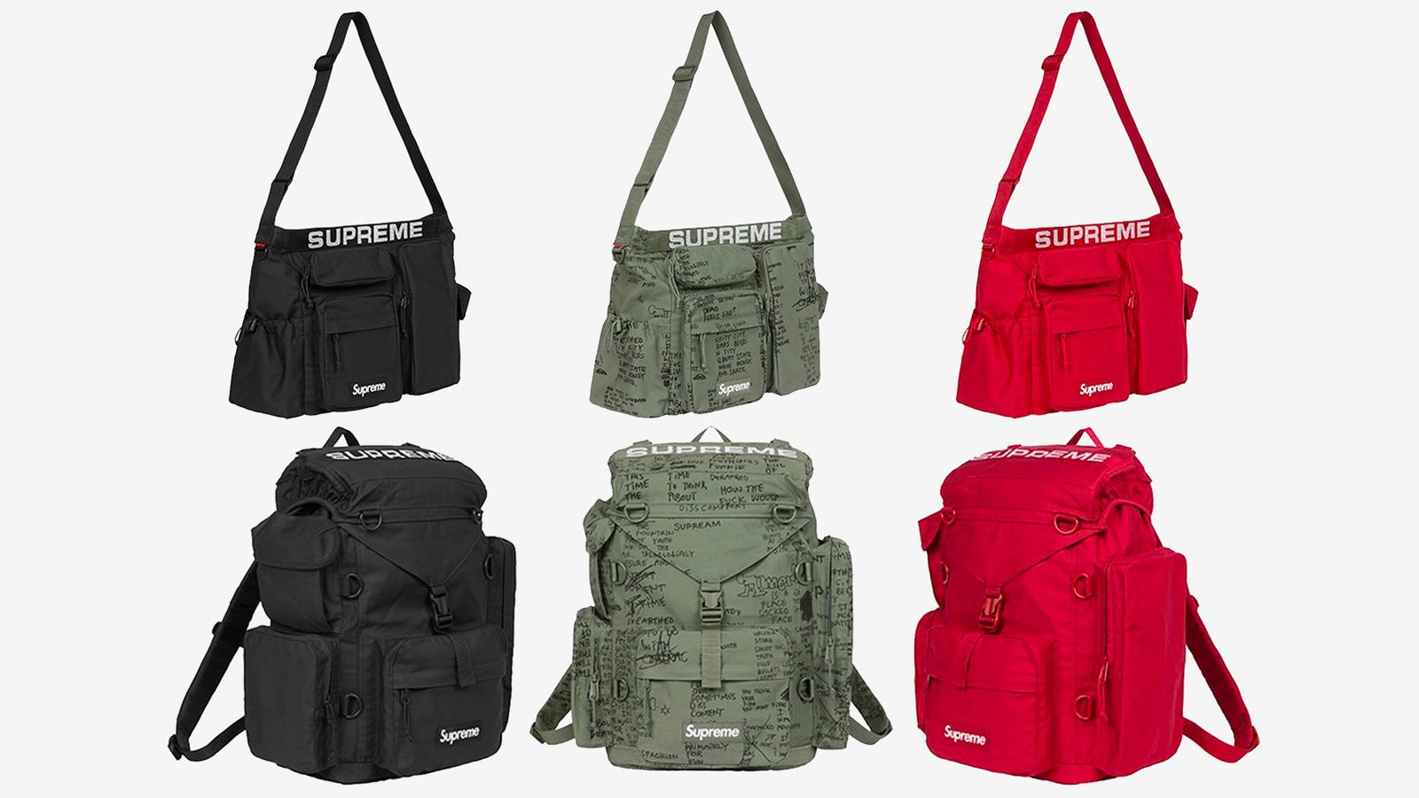 Supreme Spring/Summer 2023 collection - A selection of red, green, and black rucksacks and carry bags.