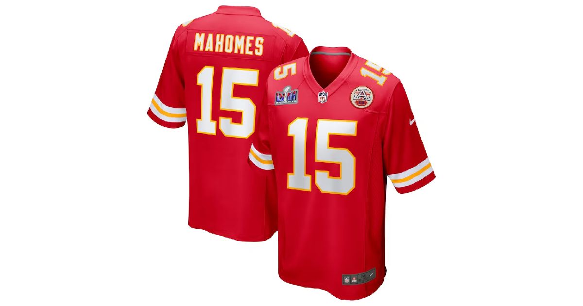 The red Kansas City Chiefs NFL jersey featuring white and orange trim and "Mahomes" on the back.