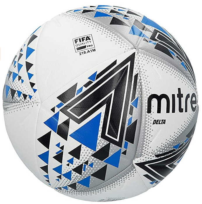 Best footballs Mitre product image of a white ball with blue and black triangle details