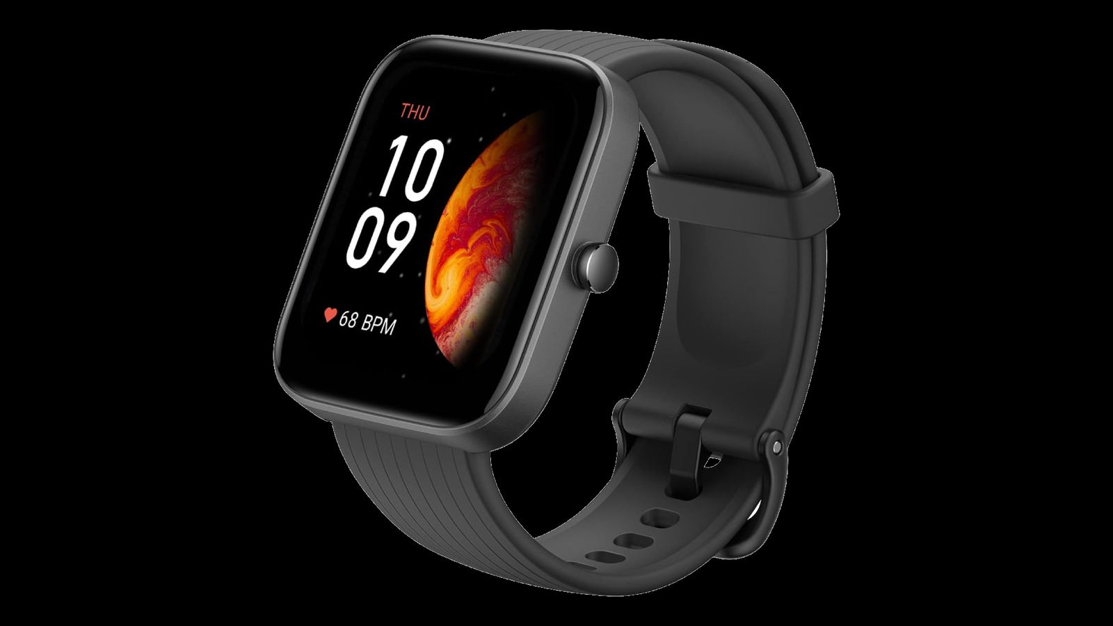Amazfit Bip 3 Pro product image of a black smartwatch with the time 10:09 in white next to an orange and red planet on the display.