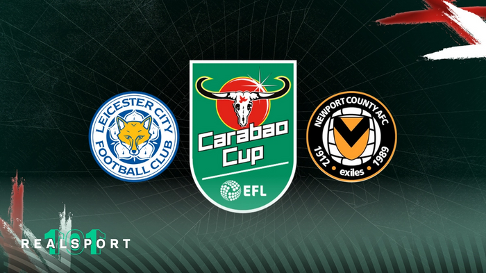 Leicester City and Newport County badges with Carabao Cup logo