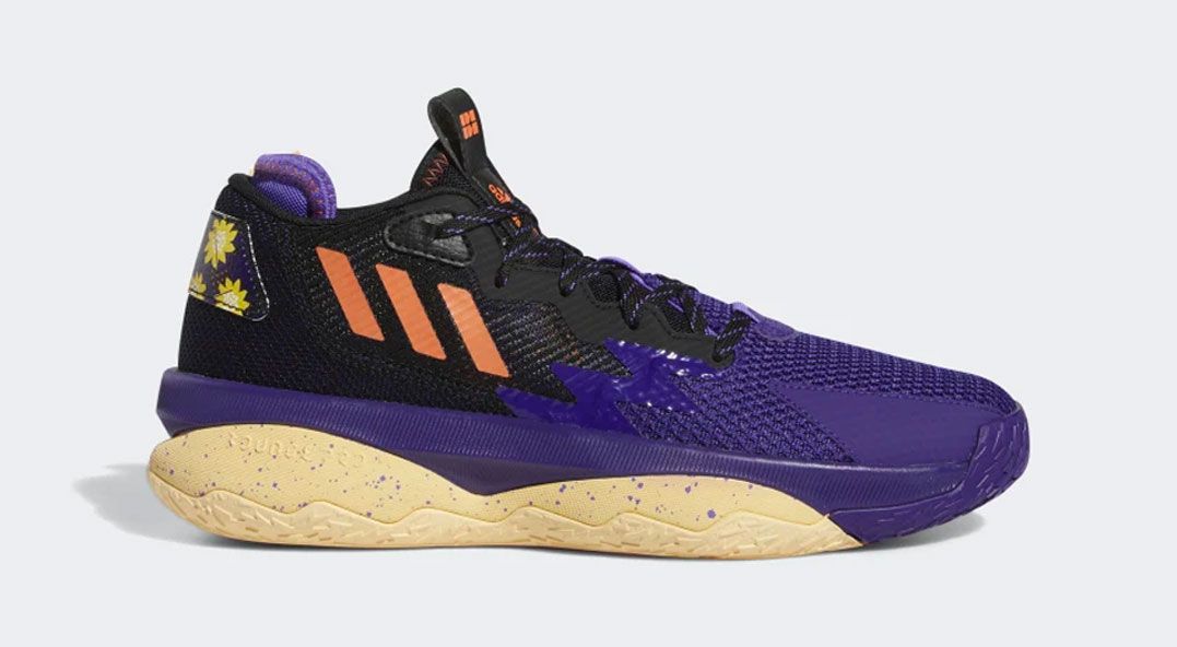 adidas Dame 8 product image of a purple and black sneaker with orange accents and a cream midsole.